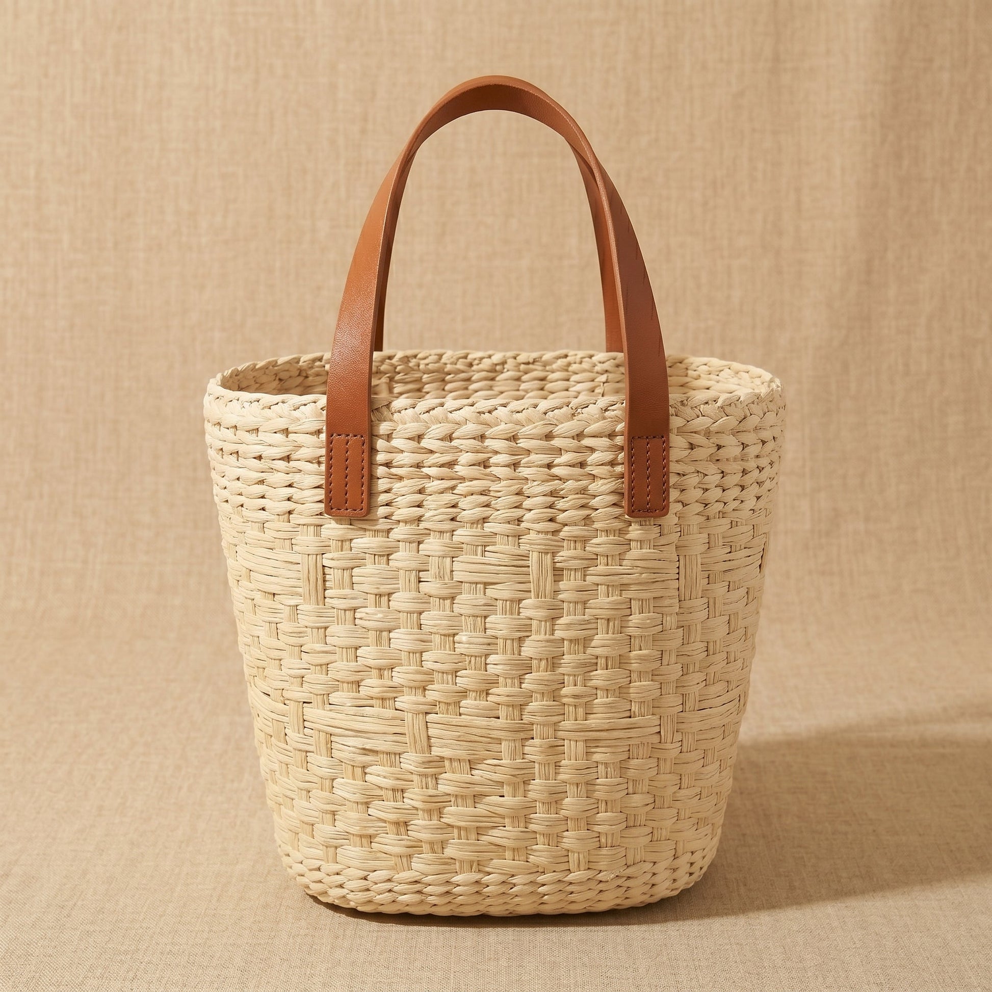 Woven basket with brown leather handles back